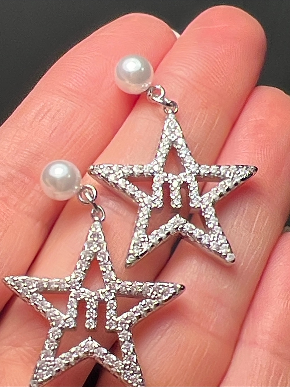 Silver Star Drop Earrings with Pearl Studs - Picture 3 of 5